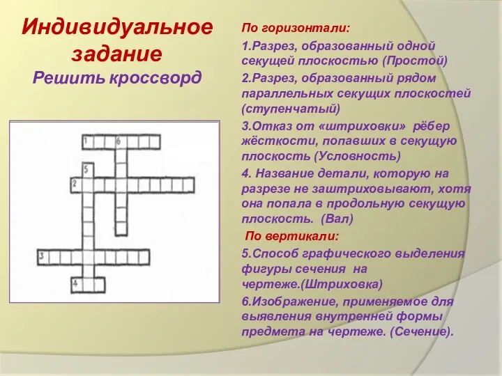 Индивидуальное задание Решить кроссворд По горизонтали: 1.Разрез, образованный одной секущей