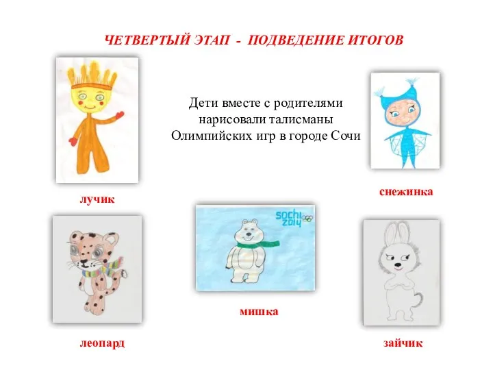 ЧЕТВЕРТЫЙ ЭТАП - ПОДВЕДЕНИЕ ИТОГОВ Дети вместе с родителями нарисовали талисманы Олимпийских игр