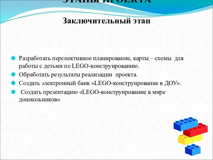 ЭТАПЫ ПРОЕКТА Заключительный этап Разработать перспективное планирование, карты – схемы