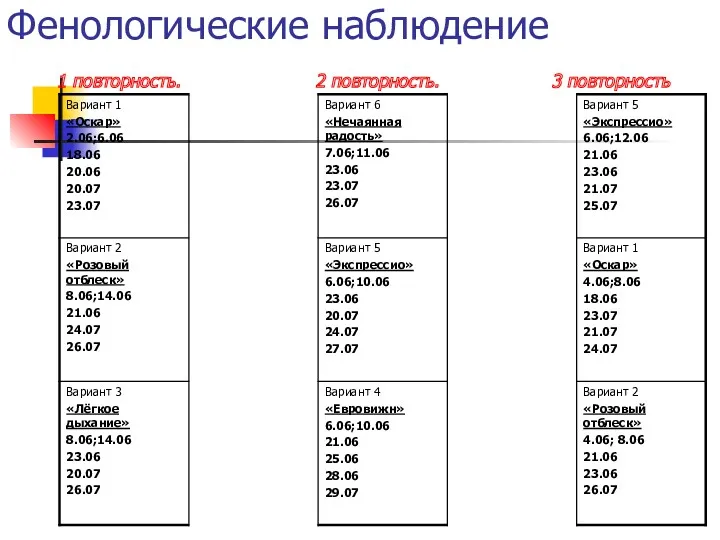 Фенологические наблюдение 1 повторность. 2 повторность. 3 повторность