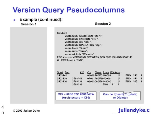 Version Query Pseudocolumns Example (continued): Session 1 Session 2