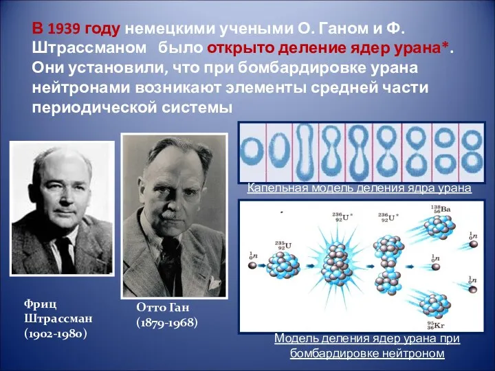 В 1939 году немецкими учеными О. Ганом и Ф. Штрассманом