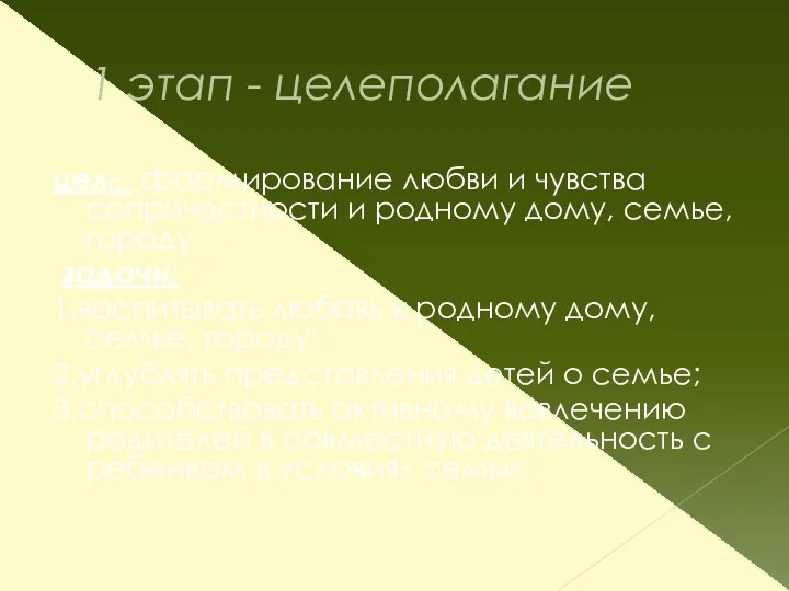 1 этап - целеполагание цель: формирование любви и чувства сопричастности и родному дому,