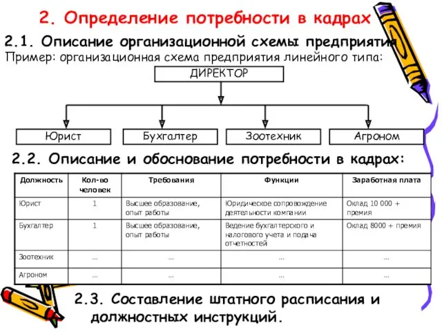 2. Определение потребности в кадрах 2.1. Описание организационной схемы предприятия Пример: организационная схема