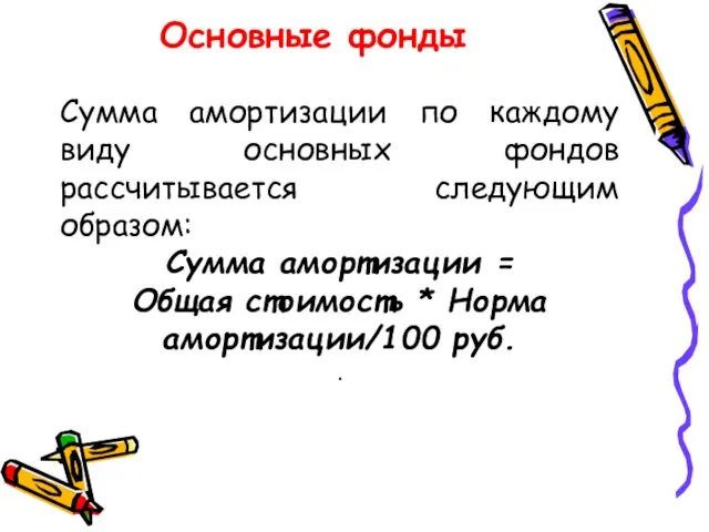 Основные фонды Сумма амортизации по каждому виду основных фондов рассчитывается