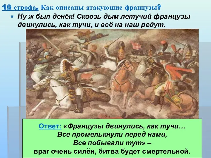 10 строфа. Как описаны атакующие французы? Ну ж был денёк! Сквозь дым летучий