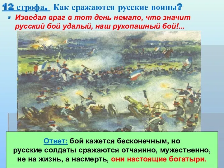 12 строфа. Как сражаются русские воины? Изведал враг в тот