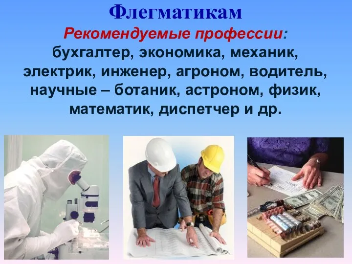 Флегматикам Рекомендуемые профессии: бухгалтер, экономика, механик, электрик, инженер, агроном, водитель,