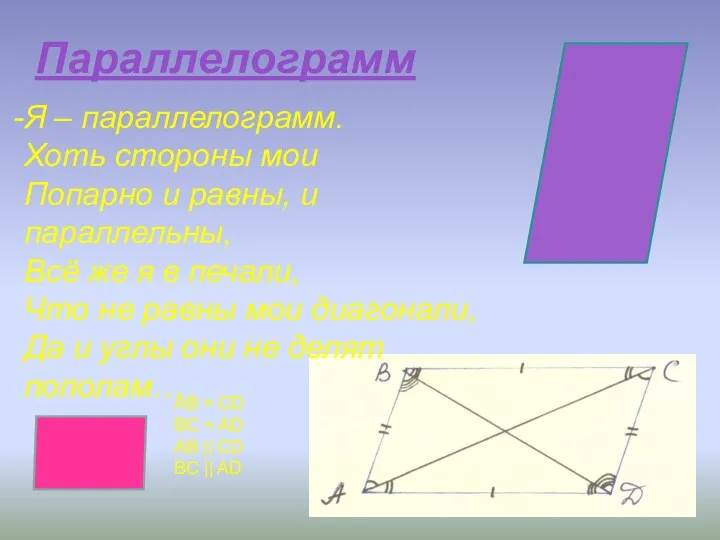 Параллелограмм Я – параллелограмм. Хоть стороны мои Попарно и равны,