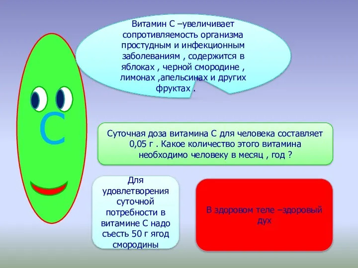 С Витамин С –увеличивает сопротивляемость организма простудным и инфекционным заболеваниям