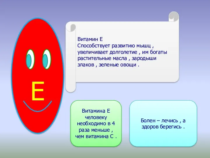 Е Витамин Е Способствует развитию мышц , увеличивает долголетие ,