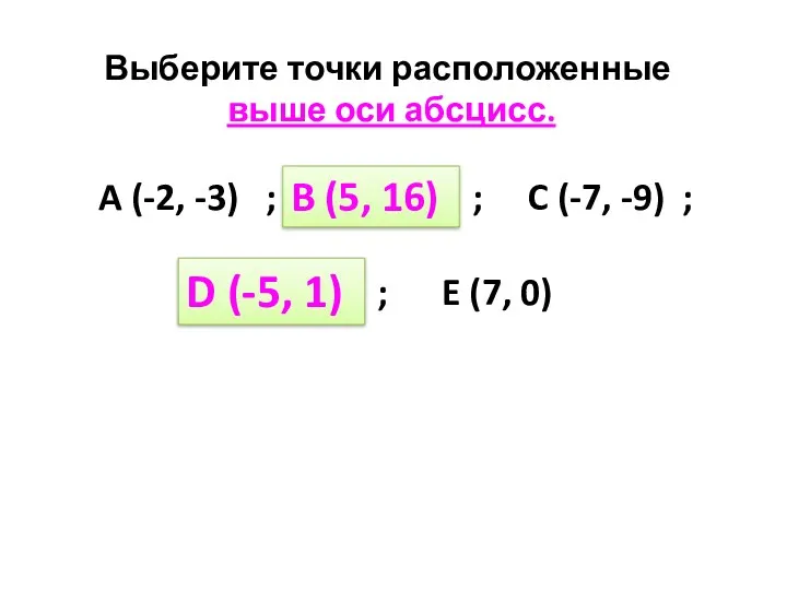 Выберите точки расположенные выше оси абсцисс. A (-2, -3) ; B (5, 16)