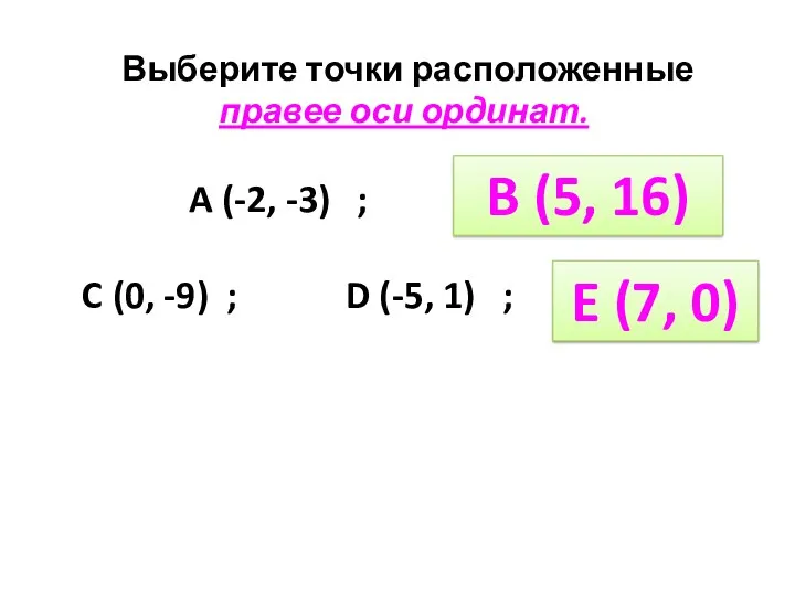 Выберите точки расположенные правее оси ординат. A (-2, -3) ; B (5, 16)