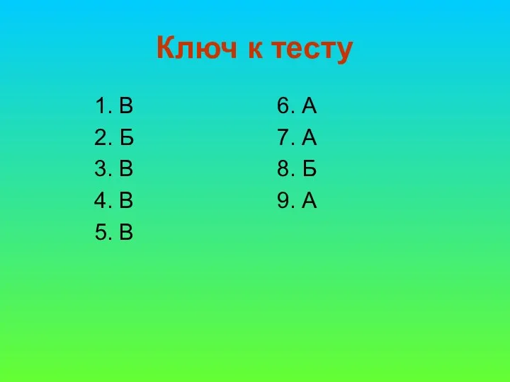 Ключ к тесту 1. В 2. Б 3. В 4.