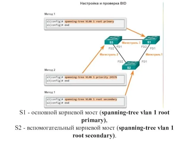 S1 - основной корневой мост (spanning-tree vlan 1 root primary),