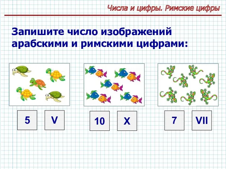 Числа и цифры. Римские цифры 5 Запишите число изображений арабскими