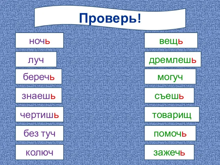 Проверь! ночь луч беречь знаешь чертишь без туч колюч дремлешь вещь могуч съешь товарищ помочь зажечь