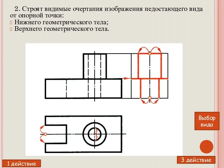 2. Строят видимые очертания изображения недостающего вида от опорной точки: