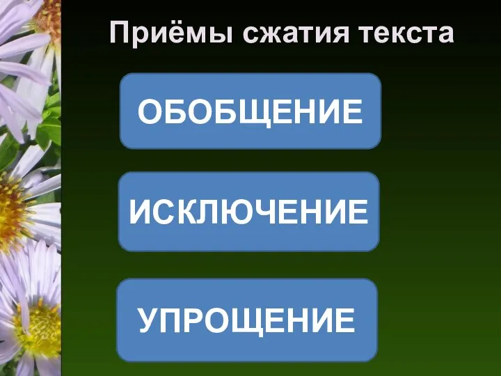 Приёмы сжатия текста ОБОБЩЕНИЕ ИСКЛЮЧЕНИЕ УПРОЩЕНИЕ