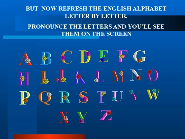 BUT NOW REFRESH THE ENGLISH ALPHABET LETTER BY LETTER. PRONOUNCE