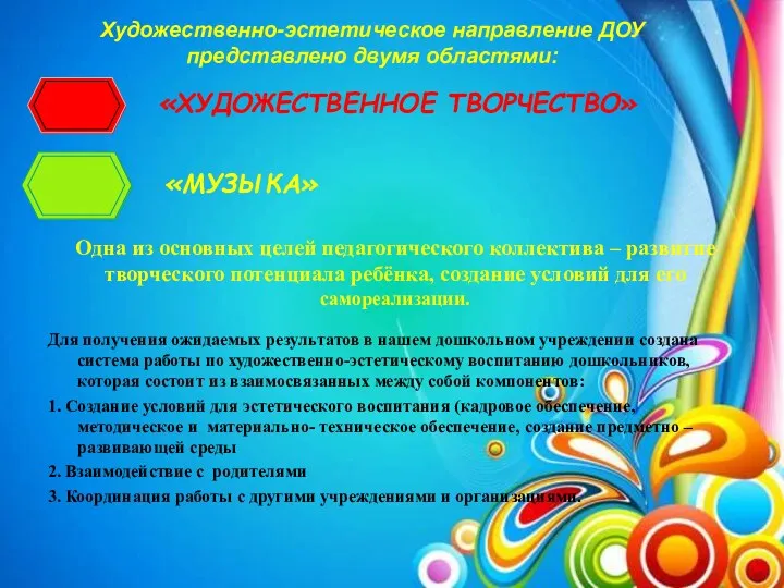 Художественно-эстетическое направление ДОУ представлено двумя областями: «ХУДОЖЕСТВЕННОЕ ТВОРЧЕСТВО» «МУЗЫКА» Одна