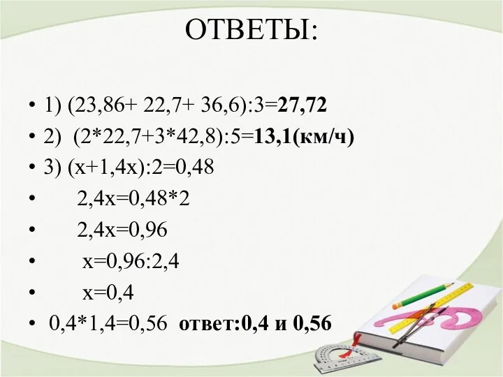 ОТВЕТЫ: 1) (23,86+ 22,7+ 36,6):3=27,72 2) (2*22,7+3*42,8):5=13,1(км/ч) 3) (х+1,4х):2=0,48 2,4х=0,48*2 2,4х=0,96 х=0,96:2,4 х=0,4