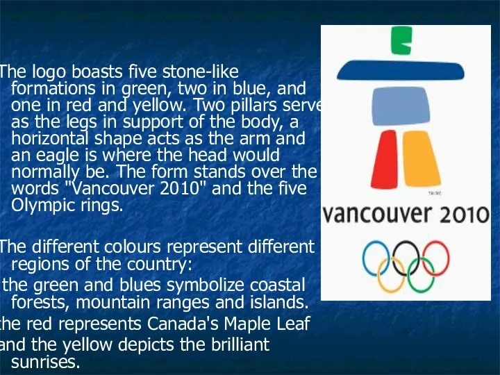 The logo boasts five stone-like formations in green, two in blue, and one