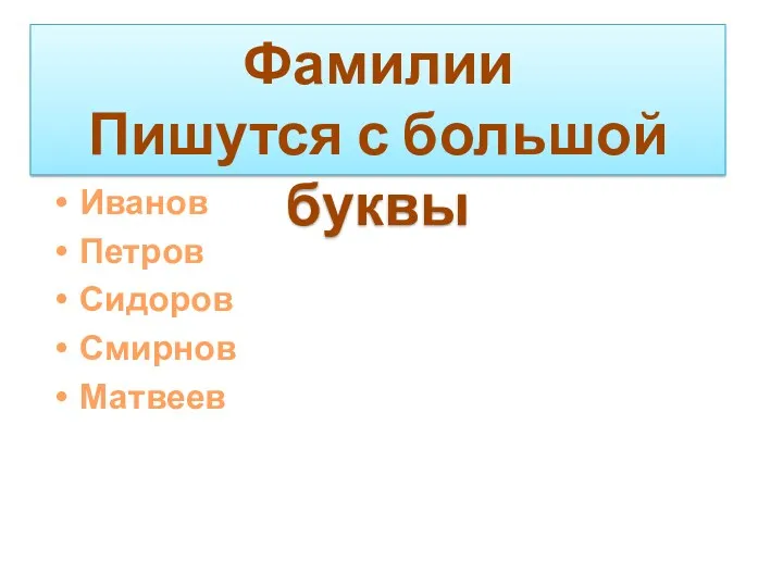 Иванов Петров Сидоров Смирнов Матвеев Фамилии Пишутся с большой буквы