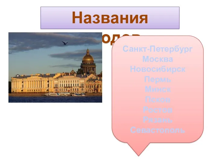 Названия городов. Санкт-Петербург Москва Новосибирск Пермь Минск Псков Ростов Рязань Севастополь