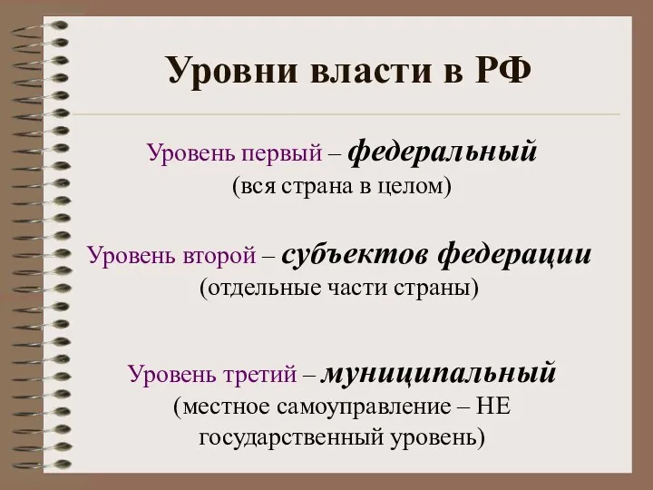 Уровни власти в РФ Уровень первый – федеральный (вся страна