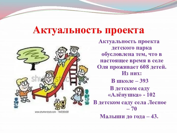 Актуальность проекта Актуальность проекта детского парка обусловлена тем, что в