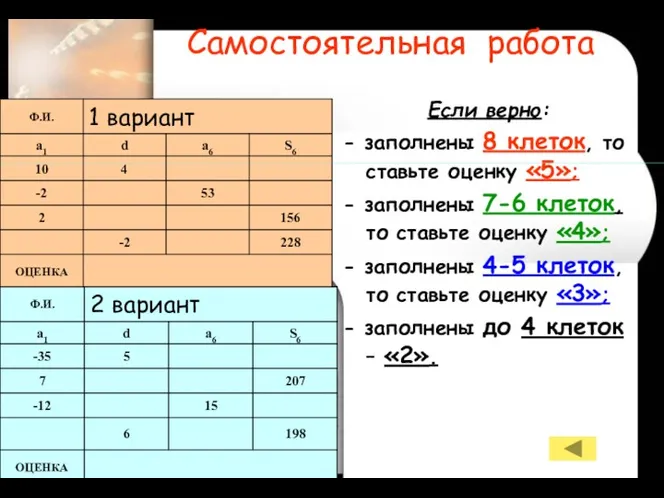 Самостоятельная работа Если верно: - заполнены 8 клеток, то ставьте