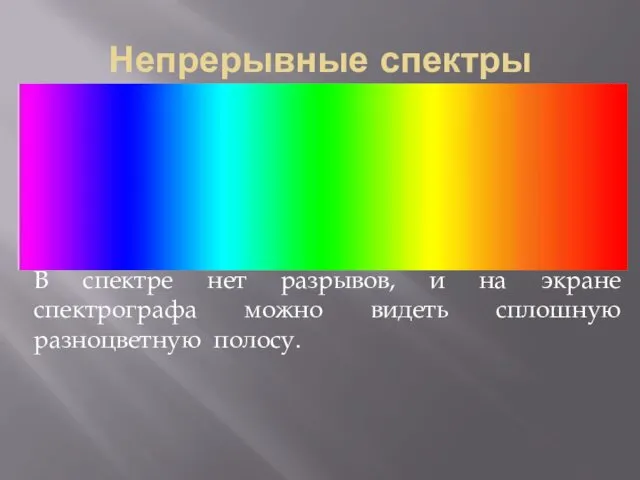 Непрерывные спектры В спектре нет разрывов, и на экране спектрографа можно видеть сплошную разноцветную полосу.