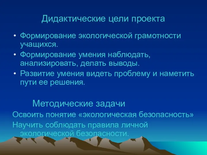 Дидактические цели проекта Формирование экологической грамотности учащихся. Формирование умения наблюдать,