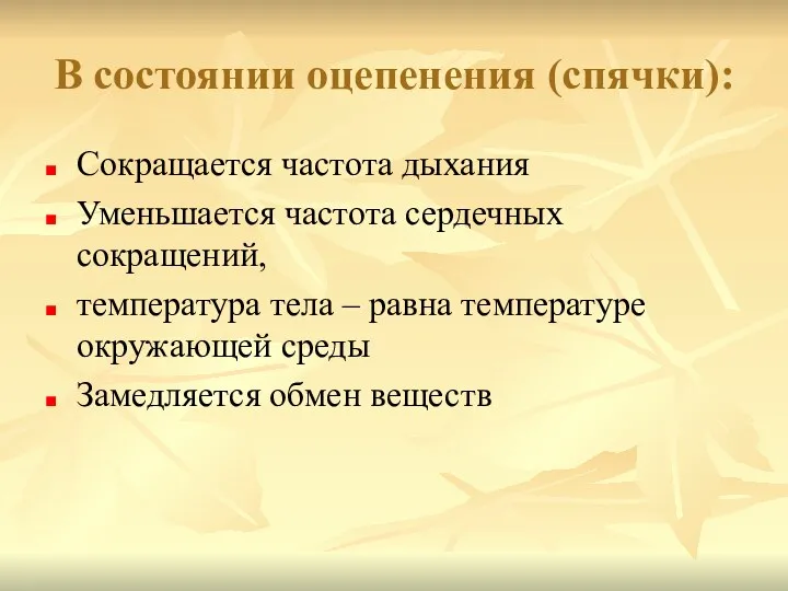 В состоянии оцепенения (спячки): Сокращается частота дыхания Уменьшается частота сердечных