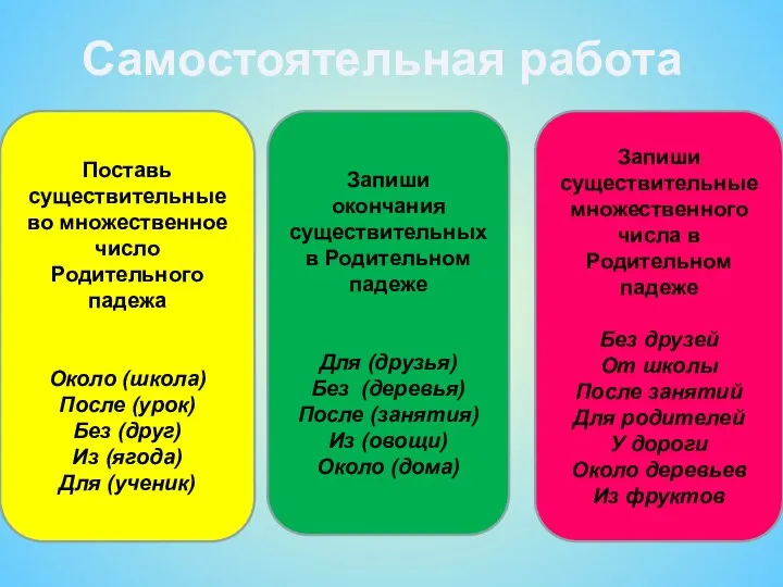 Самостоятельная работа Поставь существительные во множественное число Родительного падежа Около