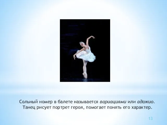 Сольный номер в балете называется вариациями или адажио. Танец рисует портрет героя, помогает
