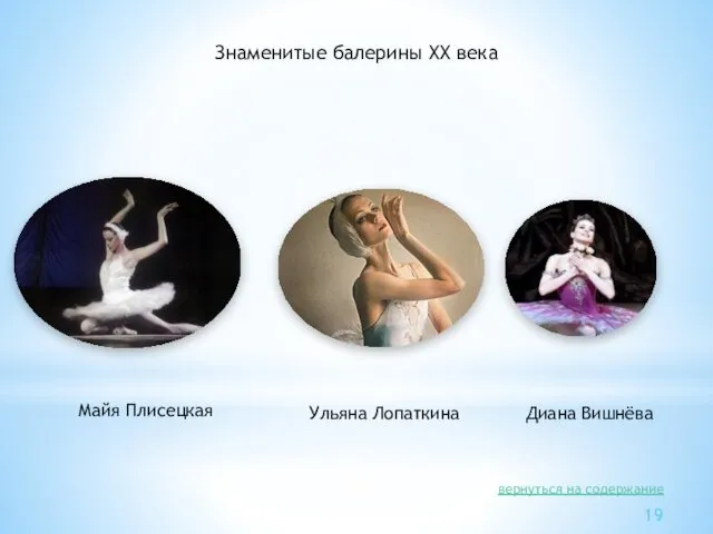 Знаменитые балерины XX века Майя Плисецкая Ульяна Лопаткина Диана Вишнёва вернуться на содержание 19