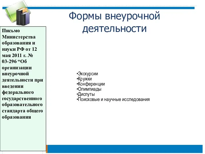 Формы внеурочной деятельности Письмо Министерства образования и науки РФ от