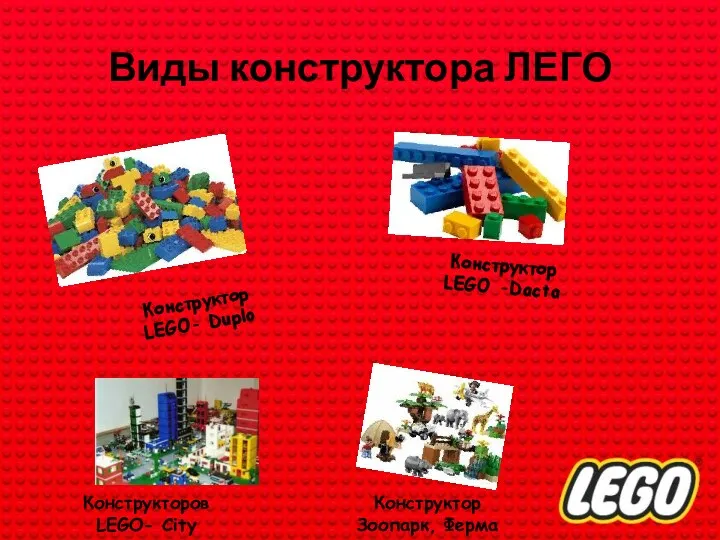 Виды конструктора ЛЕГО Конструктор LEGO- Duplo Конструктор LEGO -Dacta Конструкторов LEGO- City Конструктор Зоопарк, Ферма