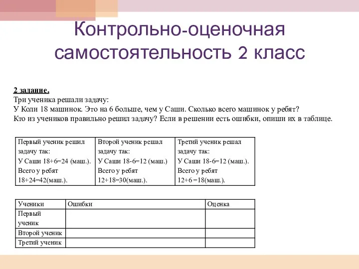 Контрольно-оценочная самостоятельность 2 класс 2 задание. Три ученика решали задачу: