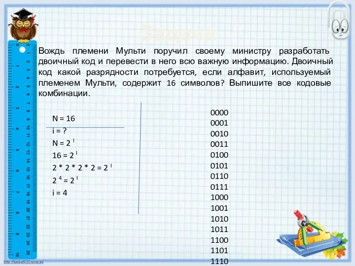 Задача Вождь племени Мульти поручил своему министру разработать двоичный код