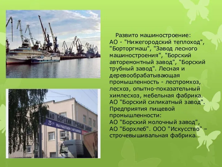 Развито машиностроение: АО - "Нижегородский теплоход", "Борторгмаш", "Завод лесного машиностроения",