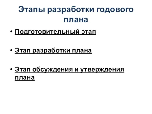 Этапы разработки годового плана Подготовительный этап Этап разработки плана Этап обсуждения и утверждения плана