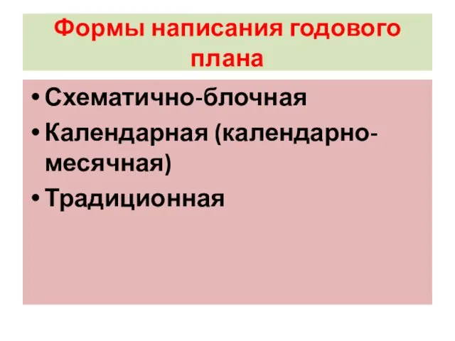 Формы написания годового плана Схематично-блочная Календарная (календарно-месячная) Традиционная