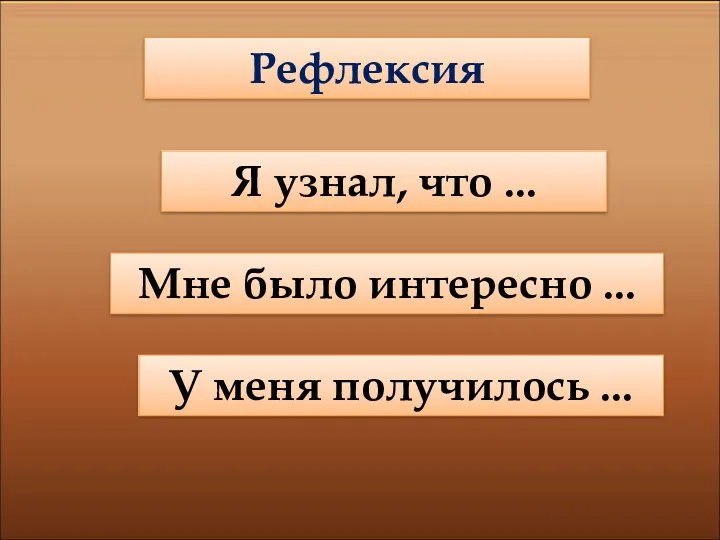 Рефлексия Я узнал, что ... Мне было интересно ... У меня получилось ...