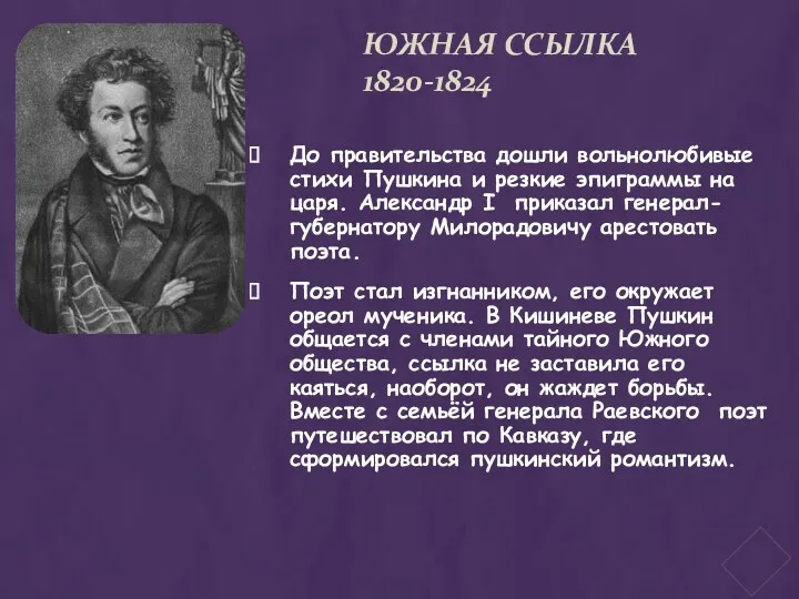 Южная ссылка 1820-1824 До правительства дошли вольнолюбивые стихи Пушкина и