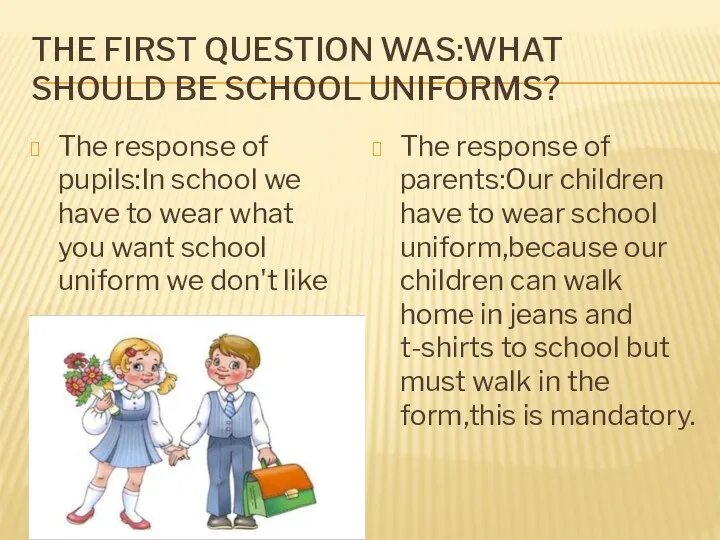The first question was:What should be school uniforms? The response of pupils:In school