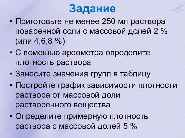 Задание Приготовьте не менее 250 мл раствора поваренной соли с