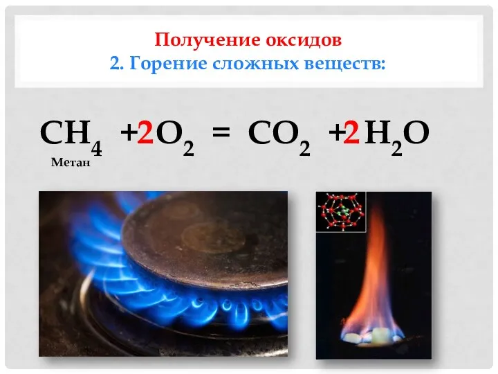 Получение оксидов 2. Горение сложных веществ: CH4 + O2 = CO2 + H2O 2 2 Метан